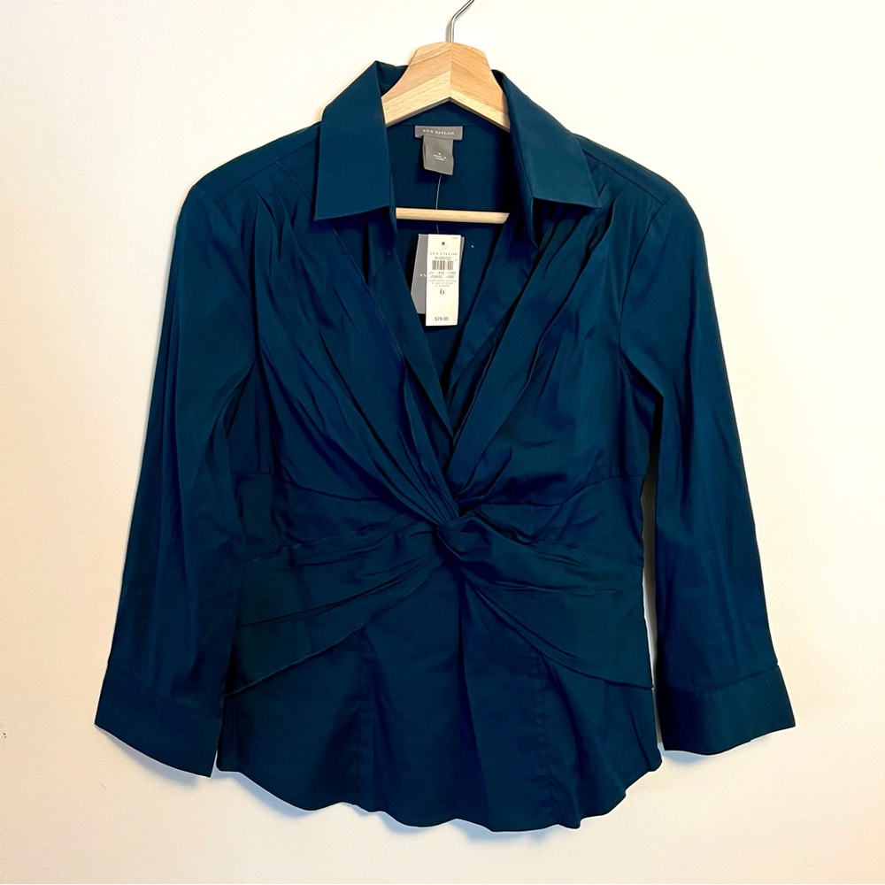Ann Taylor Teal Twist-Front Collared Blouse